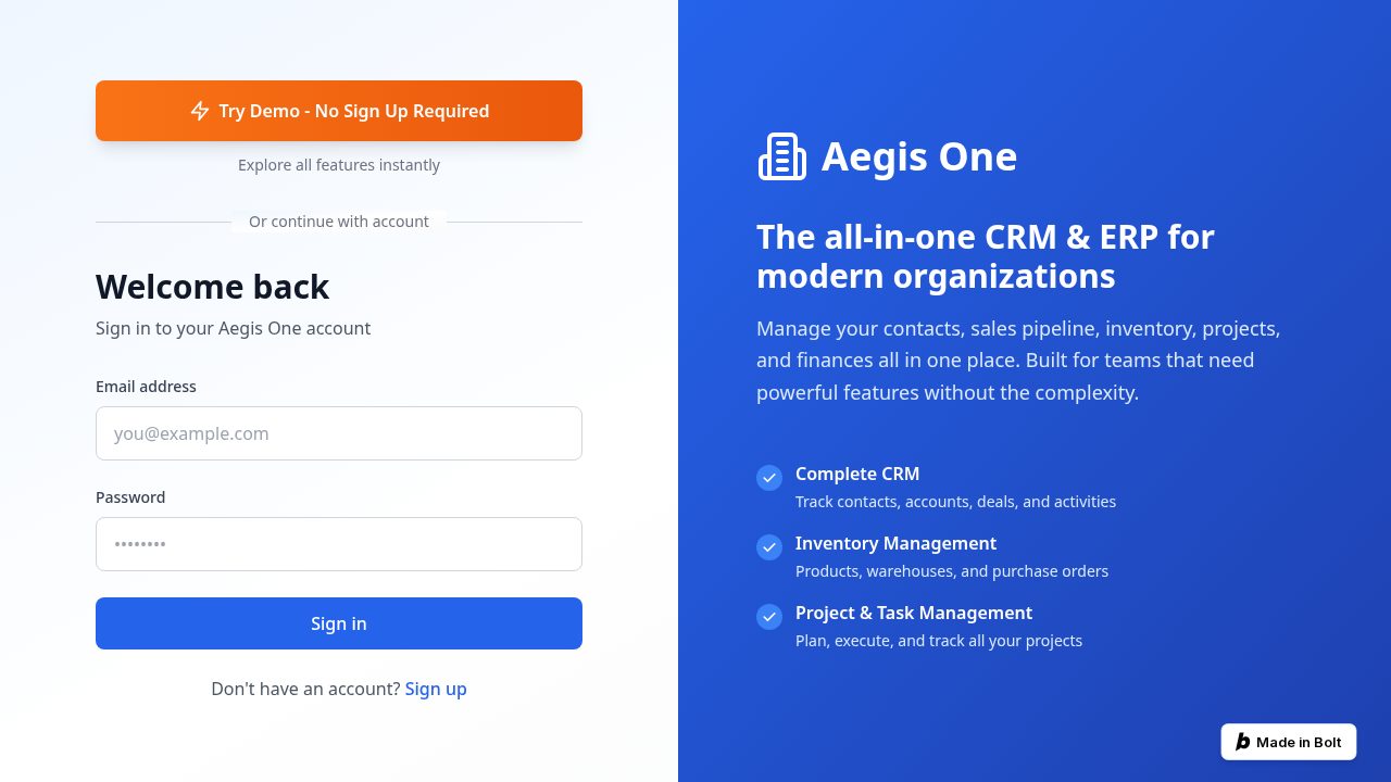 Aegis One sign-in screen with CRM and ERP feature overview