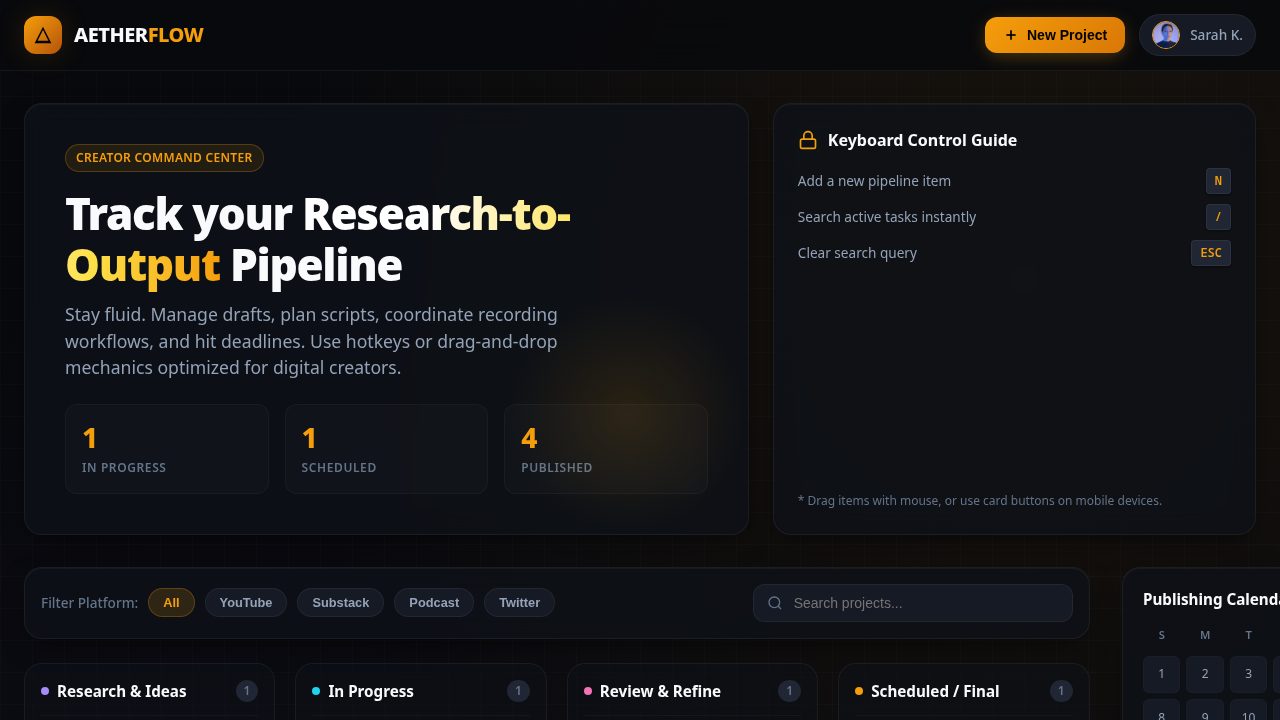 AetherFlow pipeline dashboard with publishing calendar and project columns
