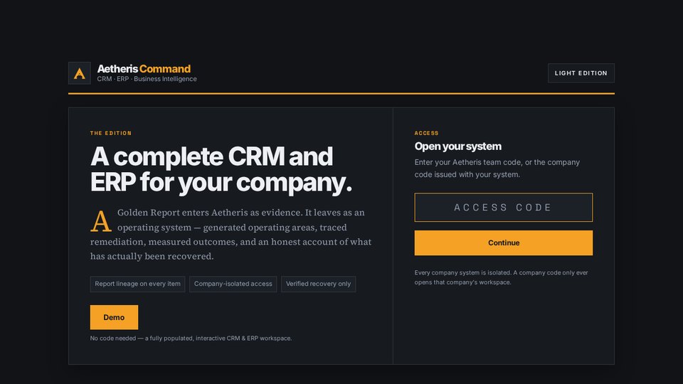 Aetheris Command CRM and ERP entry screen with access code panel