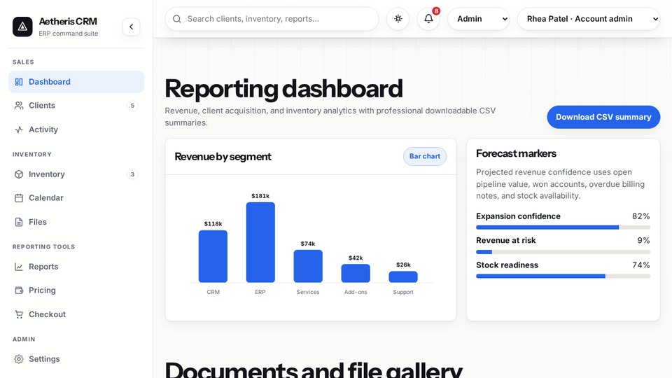 Reporting and configuration dashboard with revenue charts and settings panels