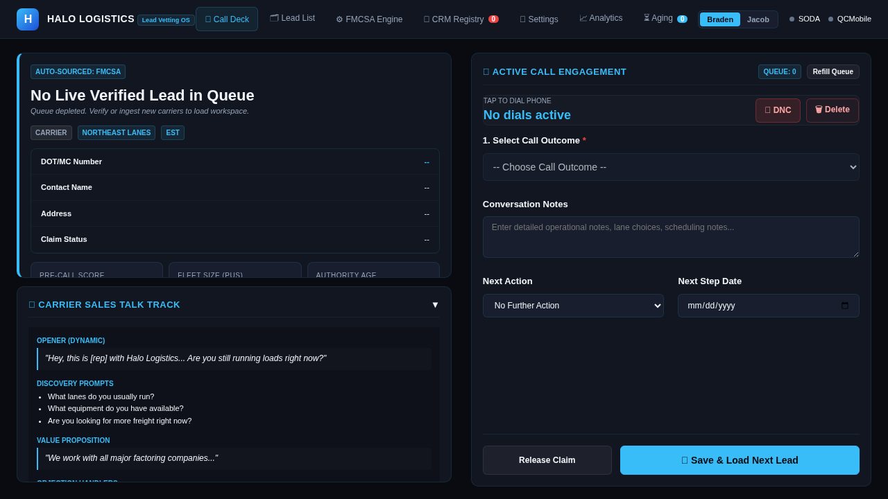 Halo Logistics call deck with carrier lead panel and call outcome form