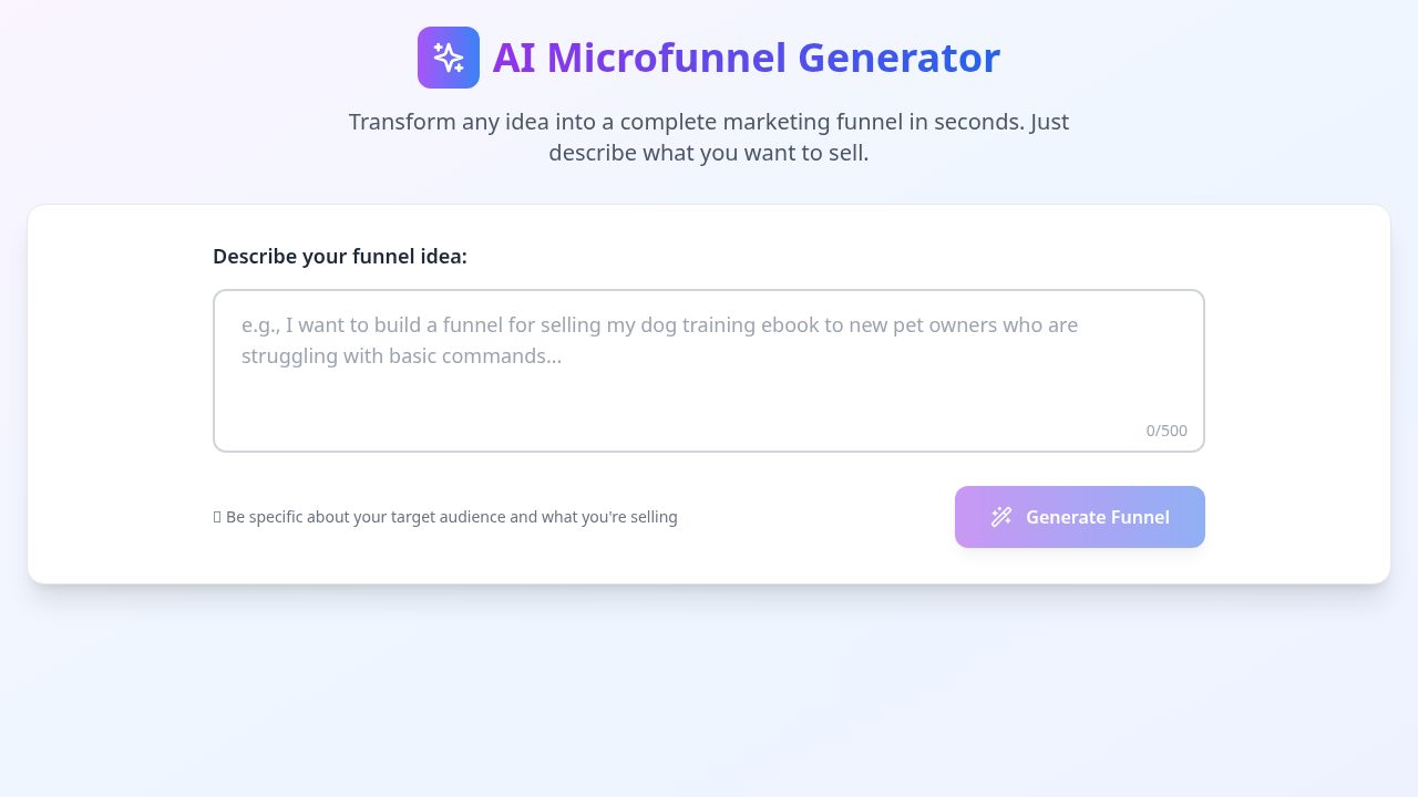 AI Microfunnel Generator input screen for describing a funnel idea